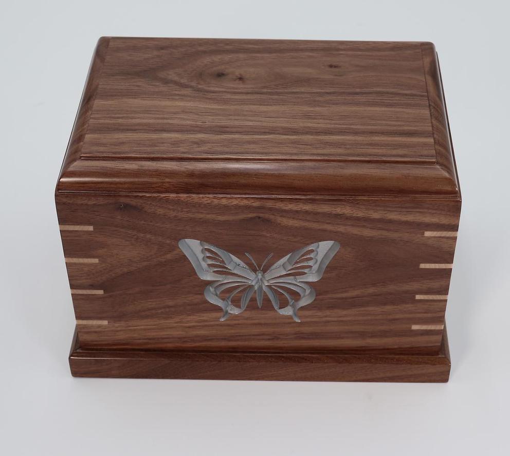 Photo of Solid Walnut Wood Urn Silver Painted Engraved Butterfly #W-596