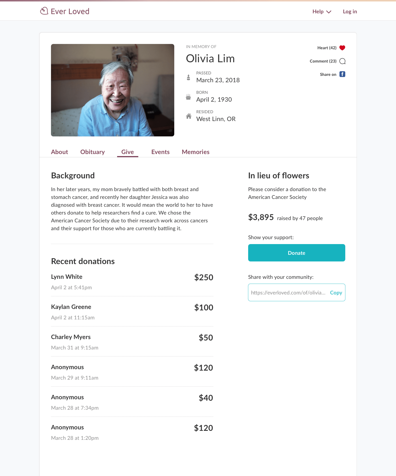 Example of a memorial fundraising campaign