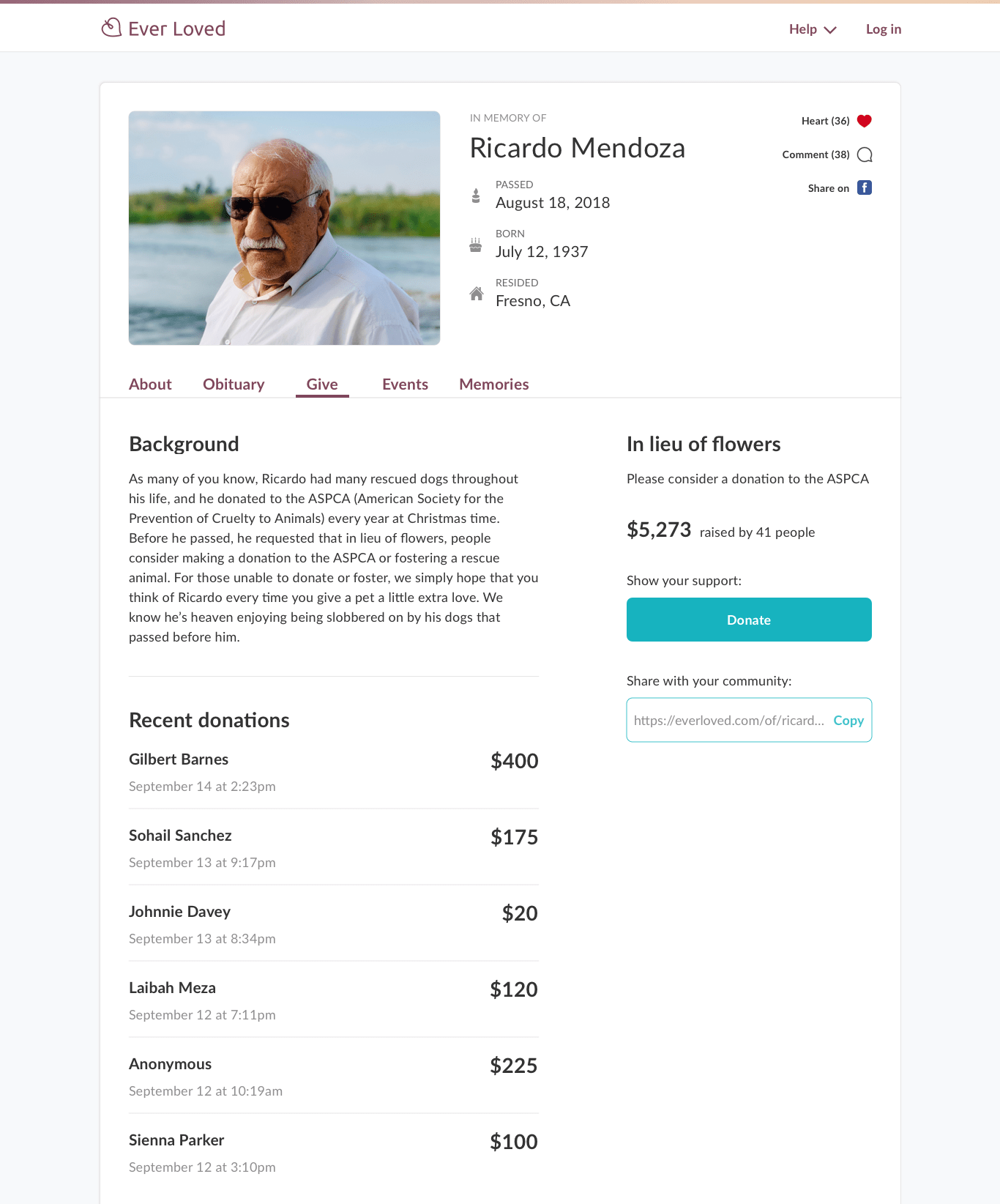 Example of a memorial fundraising campaign