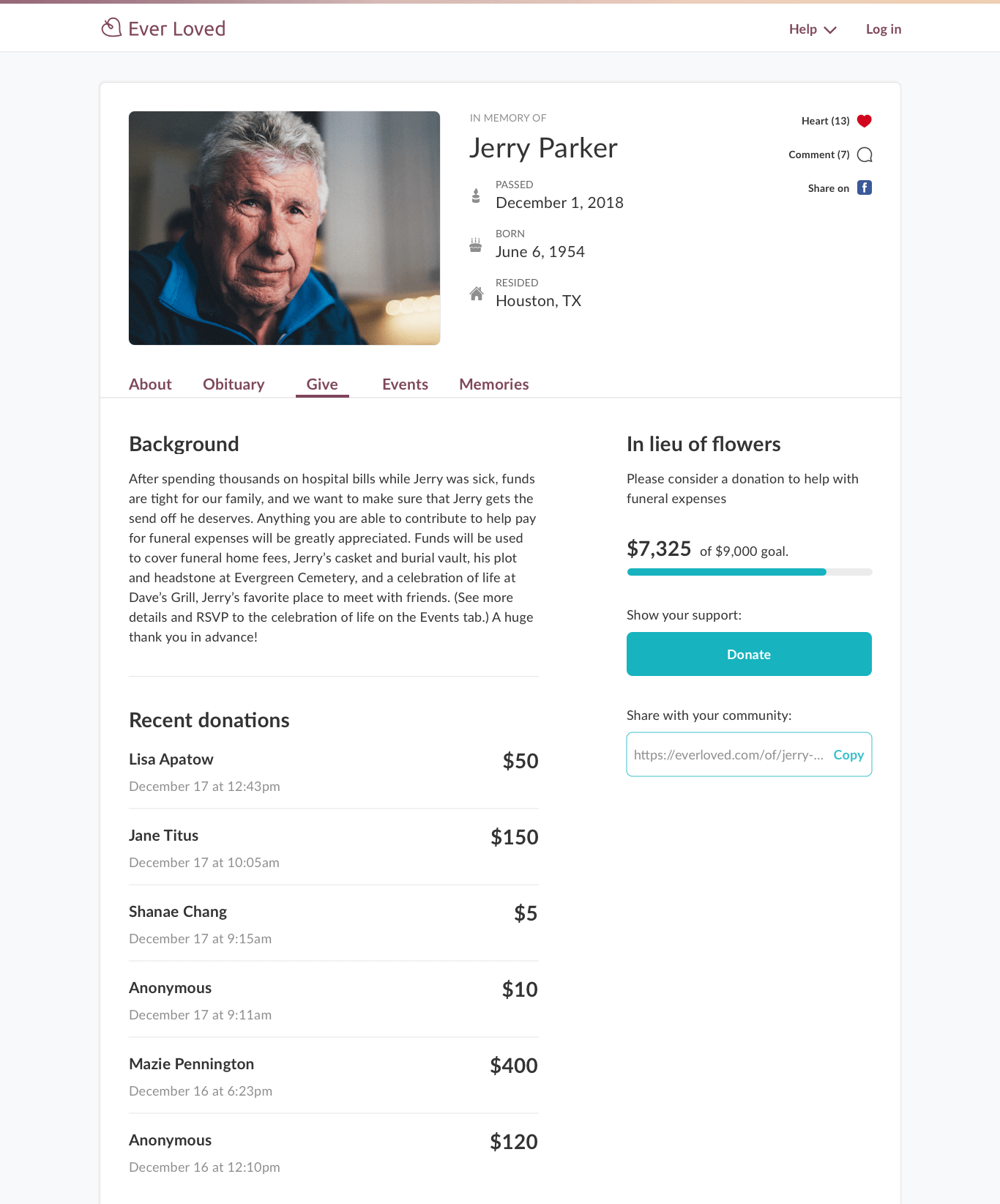 Example of a memorial donation campaign